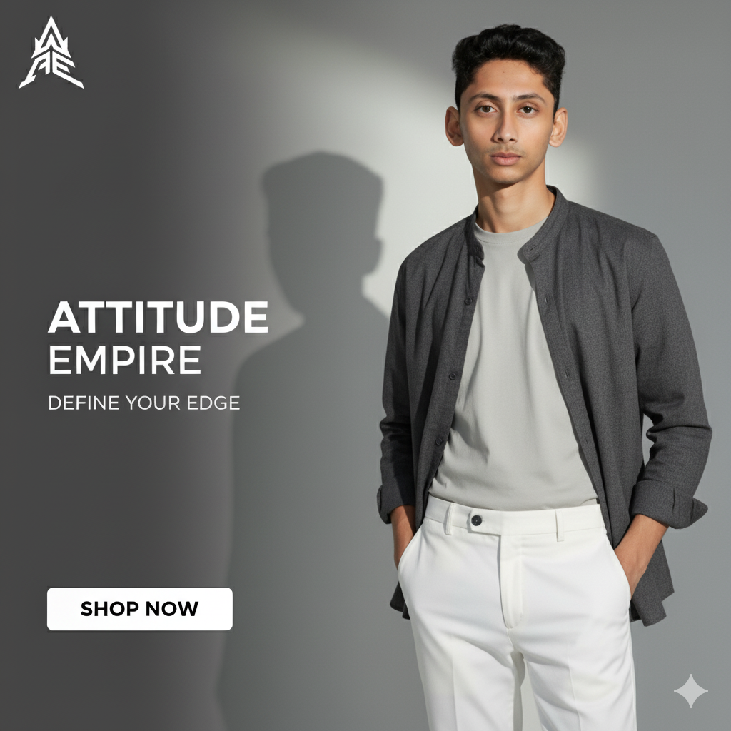 Person wearing a gray jacket over a gray shirt with white pants, standing against a gray background with 'Attitude Empire' branding.