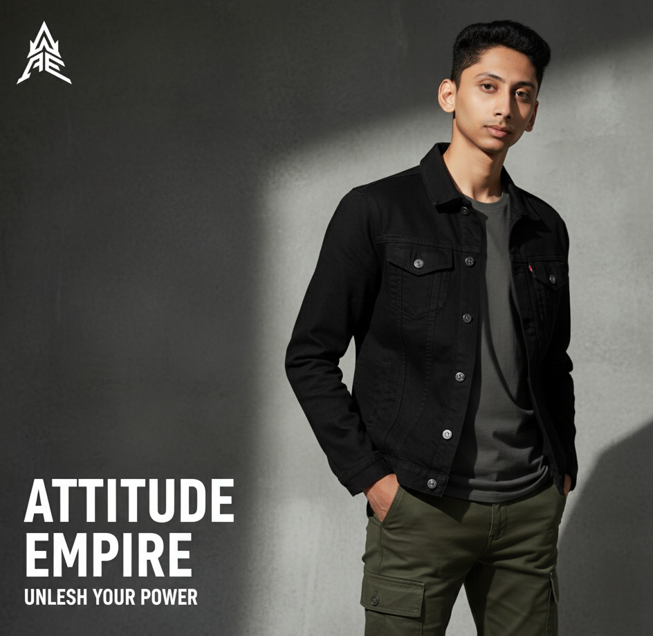 Man wearing a black jacket and green pants with 'Attitude Empire' branding on a gray background.