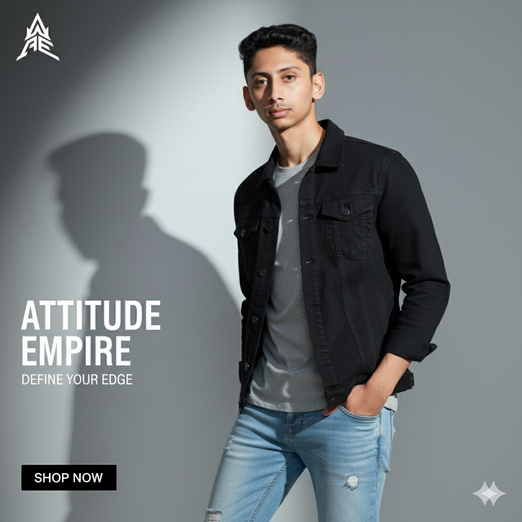 Man wearing a black jacket and light blue jeans with 'Attitude Empire' branding.